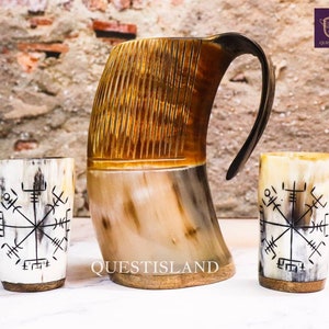 Viking Drinking Horn Mug Royal Premium With 2 Shot Glasses Royal Drinking Tankard Viking Horn Cup, For Mead Ale And Beer, Mens Gift