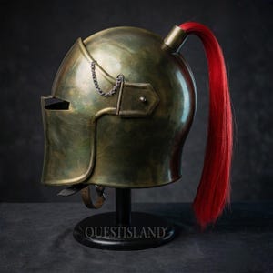 Barbute Helmet: Medieval Wearable Steel Armor (Red Plume, Stand Included)