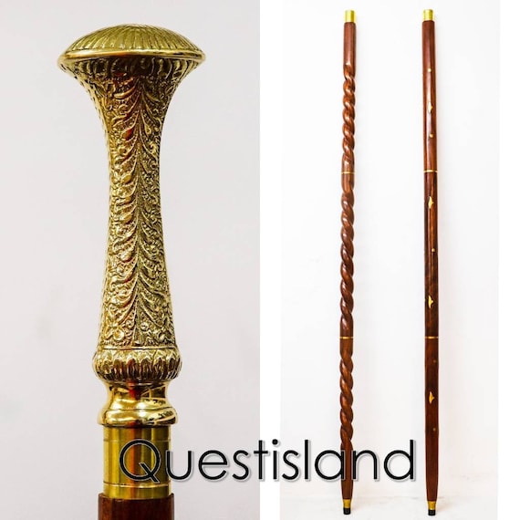 Walking Stick Brass Handle Wooden Victorian Foldable Cane