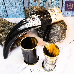 Viking Drinking Horn Cup With 2 Shot Glasses Leather Grip Royal Drinking Tankard Viking Horn Cup, For Mead Ale And Beer