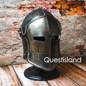 Medieval Barbute Helmet Role Play Knight Wearable Helmet Steel With Liner And Chin Strap, With Stand Mens Gift, Husband Gift, Halloween Gift