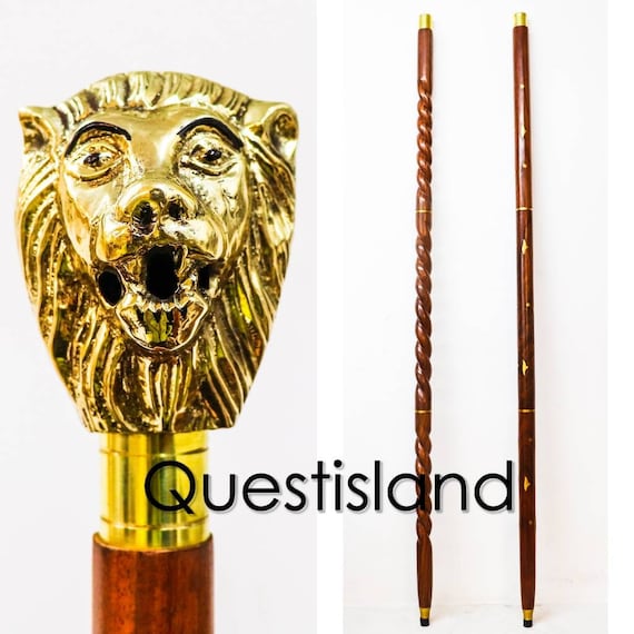 Brass Head Knob Style Cane Walking Stick Hand carved Wooden Gift Antique Replica 