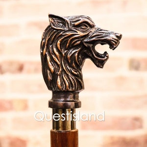 Walking Stick Wolf Head Handle Wooden Victorian Foldable Cane Collectible Men&#39;s Gift, Husband Gift, Anniversary, Halloween