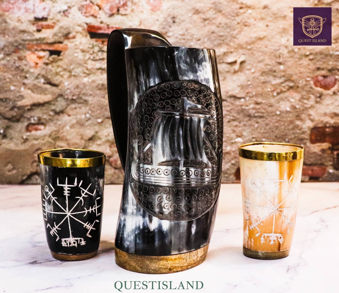 Viking Drinking Horn Mug drakker Ship Premium With 2 Shot Glasses Royal
