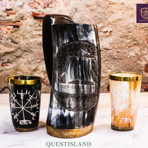 Viking Drinking Horn Mug &quot;DRAKKER SHIP&quot; Premium With 2 Shot Glasses Royal Drinking Tankard Viking Horn Cup, For Mead Ale And Beer