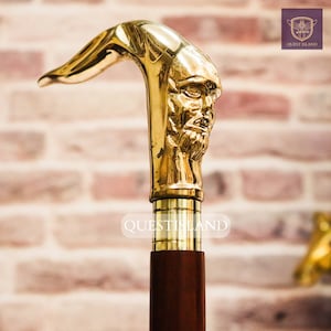 Walking Stick Old Man Handle Brass Wooden Victorian Foldable Cane Collectible Mens Gift, Husband Gift, Anniversary Gift, Christmas Gift