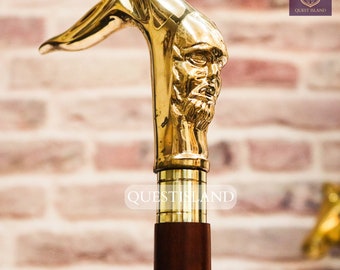 Brass Handle Wooden Walking Stick: Victorian Foldable Cane, 38 Inch