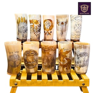 Premium Hand Carved Viking Nordic Drinking Horn Cup Genuine Ox Horn Tankard Viking Horn, For Mead Ale And Beer 10-14 Oz Cup