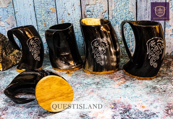 Handicrafts Real Viking Drinking Horn Mug with Stand Cups Ale Beer