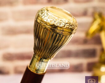 Brass Handle Wooden Walking Stick: Victorian Foldable Cane, 38 Inch