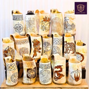 Premium Handcrafted Viking Nordic Tankard Drinking Mug - Medieval Beer Stein | Genuine Ox Horn | 18-22oz Mug 1 Piece Set