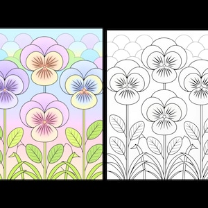 May include: A side-by-side illustration featuring a colored version and a black-and-white line art version of four pansy flowers. The colored side displays pastel purple, yellow, and blue petals with green leaves against a scalloped background.