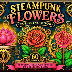 May include: A coloring book titled Steampunk Flowers featuring 60 pages of illustrations. The cover displays a pink lotus, two red roses, and various gold mechanical gears against a dark blue background with pink and gold decorative banners.