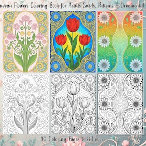 May include: A coloring book featuring Art Nouveau floral designs. The cover displays six panels with colorful and black-and-white illustrations of flowers and ornamental patterns. The text reads "Art Nouveau Flowers Coloring Book for Adults Swirls, Patterns & Ornamental Florals".