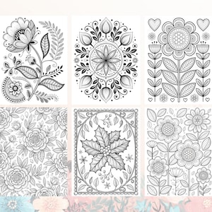 Peut inclure: Six pages &agrave; colorier florales en noir et blanc. Les motifs comprennent des fleurs d&eacute;taill&eacute;es, des feuilles et des motifs g&eacute;om&eacute;triques. Les images conviennent aux adultes et aux enfants.