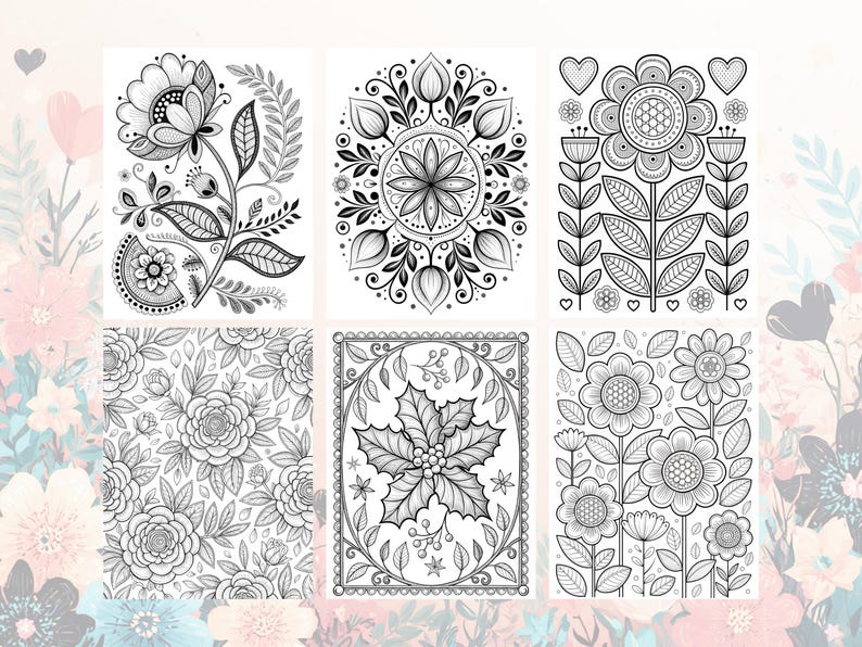 Peut inclure: Six pages &agrave; colorier florales en noir et blanc. Les motifs comprennent des fleurs d&eacute;taill&eacute;es, des feuilles et des motifs g&eacute;om&eacute;triques. Les images conviennent aux adultes et aux enfants.