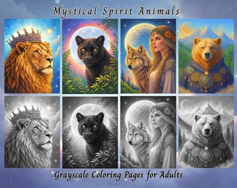 神秘的な精霊動物のぬり絵 | ファンタジーグレースケールデザイン（すぐにダウンロードできます）