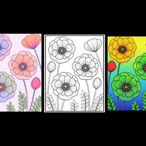 May include: Three rectangular panels featuring floral illustrations. The left panel shows flowers in pastel pink, blue, and grey. The center panel is a black and white line art version. The right panel displays flowers in vibrant yellow, green, and red.
