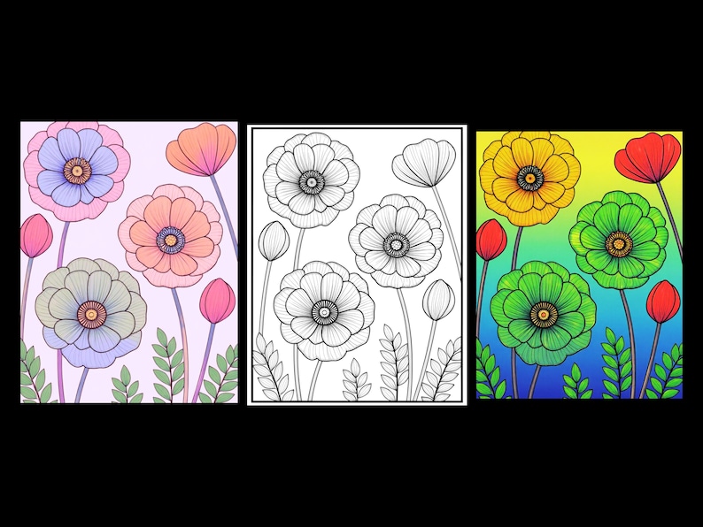 May include: Three rectangular panels featuring floral illustrations. The left panel shows flowers in pastel pink, blue, and grey. The center panel is a black and white line art version. The right panel displays flowers in vibrant yellow, green, and red.