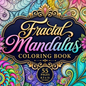 May include: A coloring book cover titled Fractal Mandalas with a dark blue central frame and gold ornate border. The background features colorful swirling patterns and pink flowers. Text reads 55 PAGES 8.5 x 11 INCHES in a gold circle.