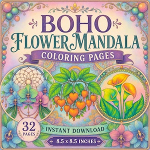 Flower Grayscale Coloring Pages: Boho Mandala Designs (Digital Download PDF)