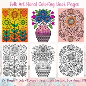 Peut inclure: T&eacute;l&eacute;chargement num&eacute;rique de pages de coloriage floral de style folk art. L'image pr&eacute;sente six motifs floraux, dont des fleurs dans des vases et des compositions florales circulaires. Les motifs sont en couleur et en noir et blanc. Le texte sur l'image indique "35 Pages 4 Color Covers + Free Pages Instant Download PDF."