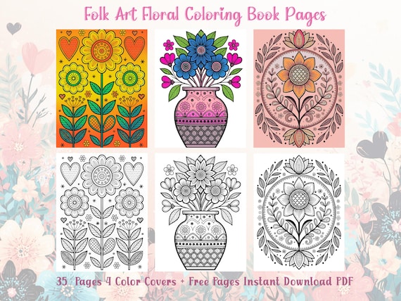 Folk Art Floral Coloring Book for Adults Printable Pages PDF Instant Download