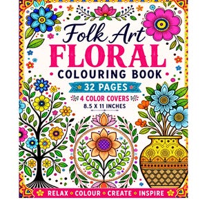 Folk Art Floral Coloring Book for Adults Printable Pages PDF Instant Download