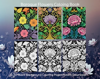 Livre de coloriage fleurs baroques sur fond noir pour adultes à imprimer