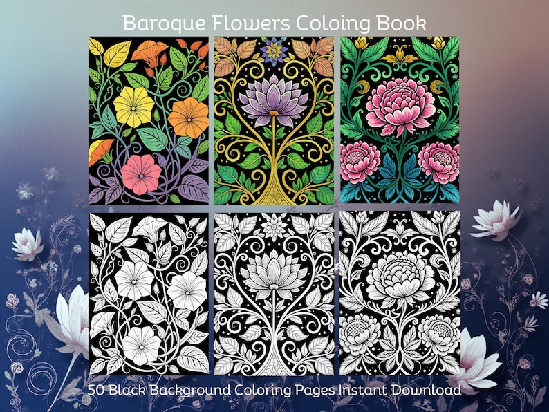 Baroque Flowers Black Background Coloring Book for Adults Printable ...