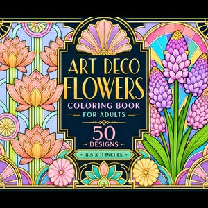 Peut inclure: Un livre de coloriage intitulé Art Deco Flowers Coloring Book for Adults avec 50 motifs. La couverture présente une illustration vibrante de fleurs de lotus roses et de jacinthes violettes avec des bordures géométriques dorées. Il mesure 21,59 x 27,94 cm.