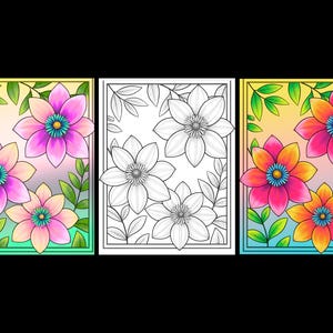 May include: Three rectangular panels featuring floral illustrations. The left and right panels show vibrant, multi-colored flowers with green leaves against a gradient background. The center panel is a black and white line art version of the same design.