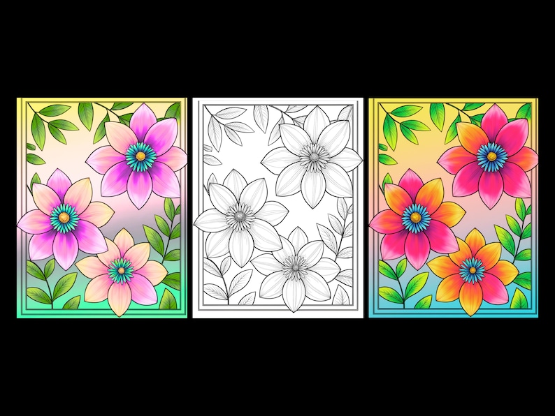 May include: Three rectangular panels featuring floral illustrations. The left and right panels show vibrant, multi-colored flowers with green leaves against a gradient background. The center panel is a black and white line art version of the same design.
