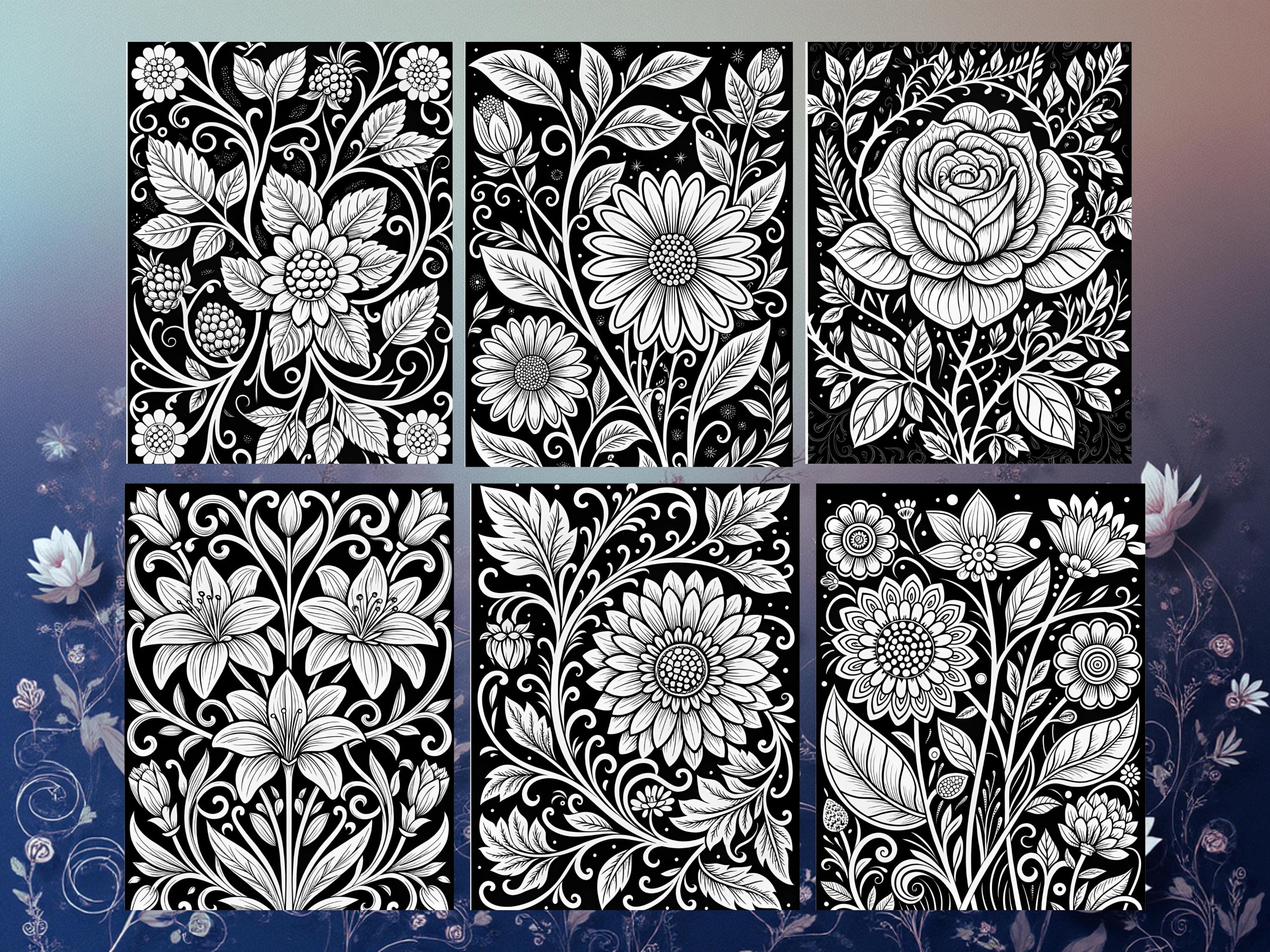 Baroque Flowers Black Background Coloring Book for Adults Printable ...