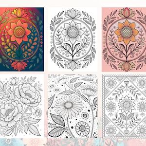 Peut inclure: Collection de six impressions d'art floral. Les impressions pr&eacute;sentent des illustrations d&eacute;taill&eacute;es de fleurs et de motifs botaniques. Certaines sont en couleur, avec des teintes vives de rouge, d'orange et de bleu, d'autres sont des dessins au trait en noir et blanc.