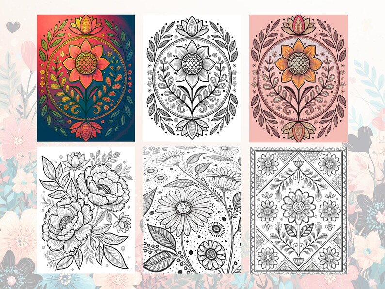 Peut inclure: Collection de six impressions d'art floral. Les impressions pr&eacute;sentent des illustrations d&eacute;taill&eacute;es de fleurs et de motifs botaniques. Certaines sont en couleur, avec des teintes vives de rouge, d'orange et de bleu, d'autres sont des dessins au trait en noir et blanc.