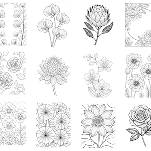 May include: A collection of twelve black and white line art illustrations featuring various botanical subjects including sweet peas, protea, peonies, roses, orchids, poppies, pansies, and morning glories arranged in a grid of individual panels.