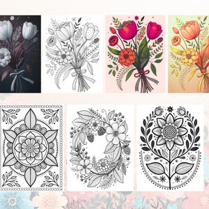 Peut inclure: Plusieurs impressions d'art floral, avec des bouquets et des mandalas. Les bouquets pr&eacute;sentent diverses fleurs de diff&eacute;rentes couleurs, tandis que les mandalas sont des dessins au trait noirs et blancs d&eacute;taill&eacute;s. Parfait pour la d&eacute;coration int&eacute;rieure.