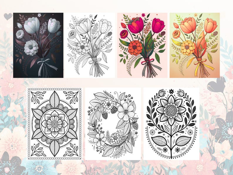 Peut inclure: Plusieurs impressions d'art floral, avec des bouquets et des mandalas. Les bouquets pr&eacute;sentent diverses fleurs de diff&eacute;rentes couleurs, tandis que les mandalas sont des dessins au trait noirs et blancs d&eacute;taill&eacute;s. Parfait pour la d&eacute;coration int&eacute;rieure.