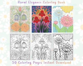 50 páginas para colorear florales: rosas, lirios y lirios elegantes (descarga instantánea en PDF)