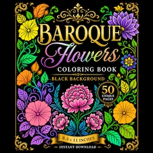 Baroque Flowers Black Background Coloring Book for Adults Printable Pages
