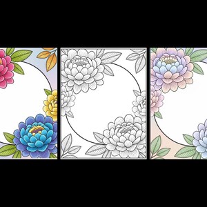 May include: Three rectangular panels featuring floral designs with a central circular frame. The left panel shows vibrant pink, blue, and yellow flowers. The middle panel is a black and white line art version. The right panel displays pastel-colored flowers.