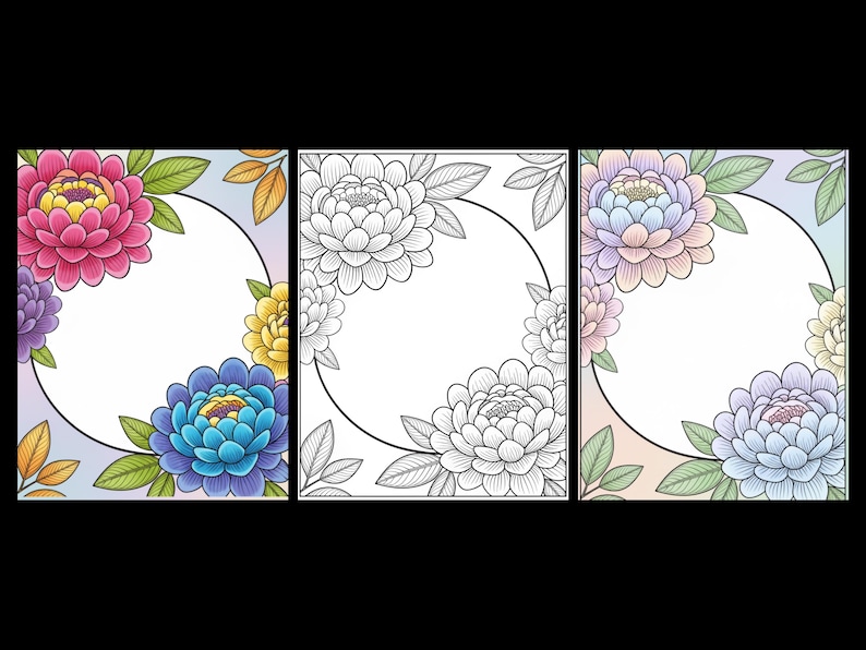 May include: Three rectangular panels featuring floral designs with a central circular frame. The left panel shows vibrant pink, blue, and yellow flowers. The middle panel is a black and white line art version. The right panel displays pastel-colored flowers.
