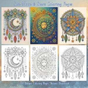 Puede incluir: Seis páginas para colorear con diseños de sol, luna y estrellas. La fila superior incluye ilustraciones coloridas, mientras que la fila inferior presenta los mismos diseños en blanco y negro. El texto "Sun Moon & Stars Coloring Pages" está en la parte superior.