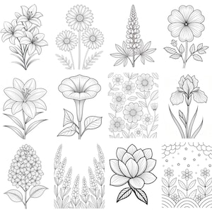 May include: A collection of twelve black and white line art illustrations featuring various botanical subjects including lilies, daisies, lupines, irises, and a lotus flower, arranged in a grid format suitable for coloring or decorative design projects.