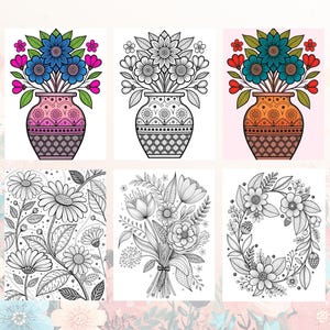 Peut inclure: Une collection de six pages &agrave; colorier sur le th&egrave;me floral. La rang&eacute;e sup&eacute;rieure pr&eacute;sente des vases avec des compositions florales color&eacute;es, tandis que la rang&eacute;e inf&eacute;rieure pr&eacute;sente des motifs floraux d&eacute;taill&eacute;s, dont un bouquet et une couronne.