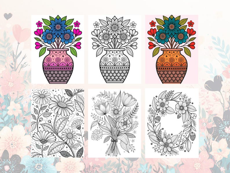 Peut inclure: Une collection de six pages &agrave; colorier sur le th&egrave;me floral. La rang&eacute;e sup&eacute;rieure pr&eacute;sente des vases avec des compositions florales color&eacute;es, tandis que la rang&eacute;e inf&eacute;rieure pr&eacute;sente des motifs floraux d&eacute;taill&eacute;s, dont un bouquet et une couronne.