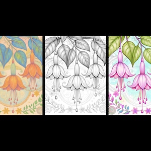 May include: Three rectangular panels featuring fuchsia flowers hanging from leafy branches. The left panel shows orange flowers with blue leaves, the center is a black and white line drawing, and the right panel displays pink flowers with green leaves.