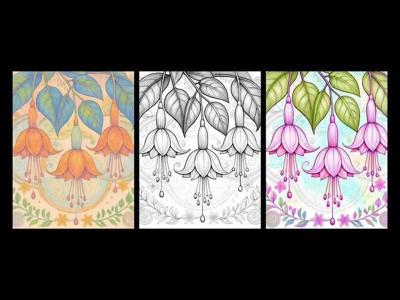 May include: Three rectangular panels featuring fuchsia flowers hanging from leafy branches. The left panel shows orange flowers with blue leaves, the center is a black and white line drawing, and the right panel displays pink flowers with green leaves.