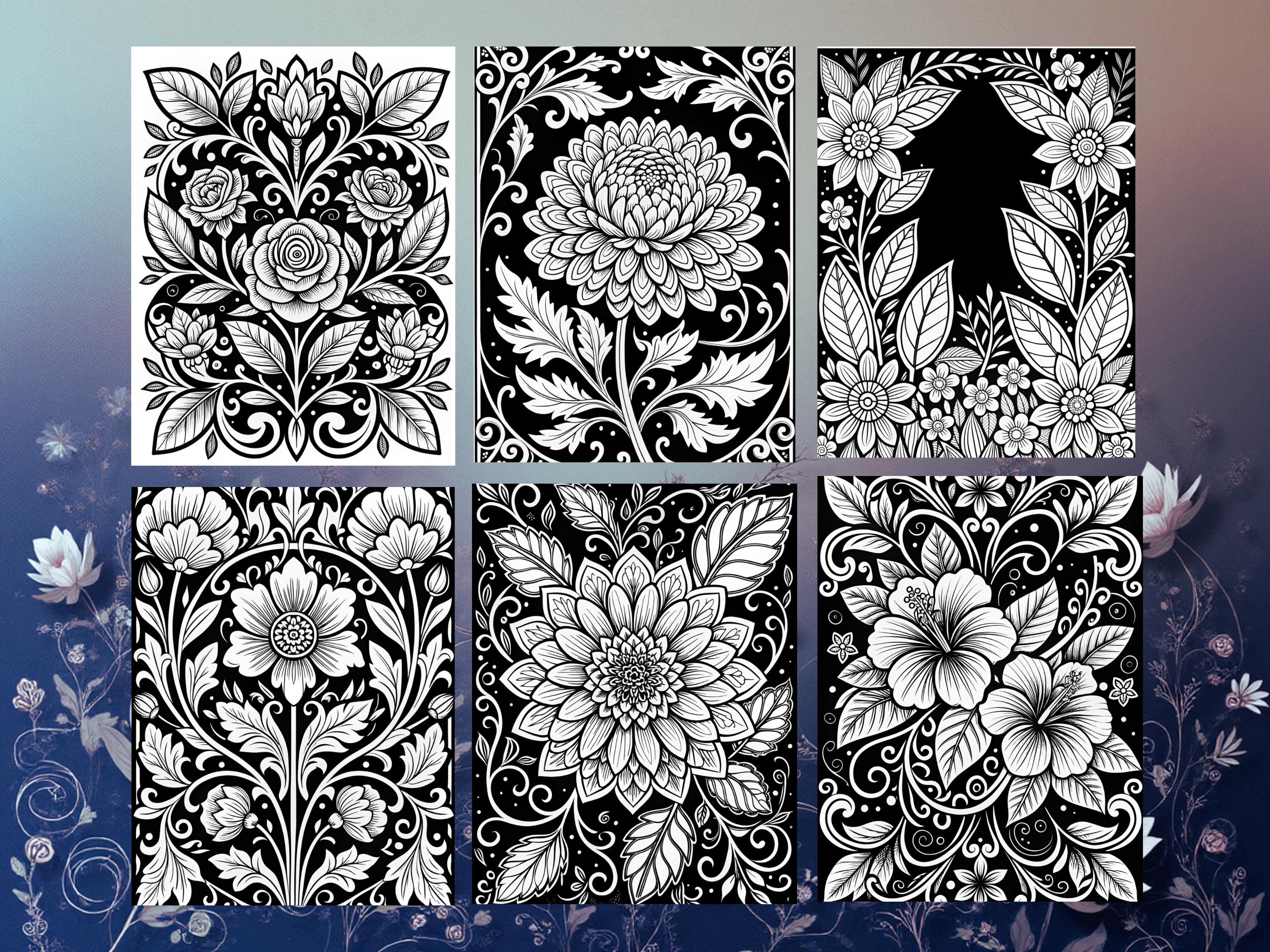 Baroque Flowers Black Background Coloring Book for Adults Printable ...